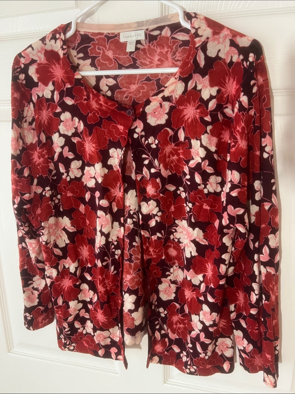 Garnet Hill MERINO WOOL Red and Pink Floral Button-Front Cardigan, Sz L